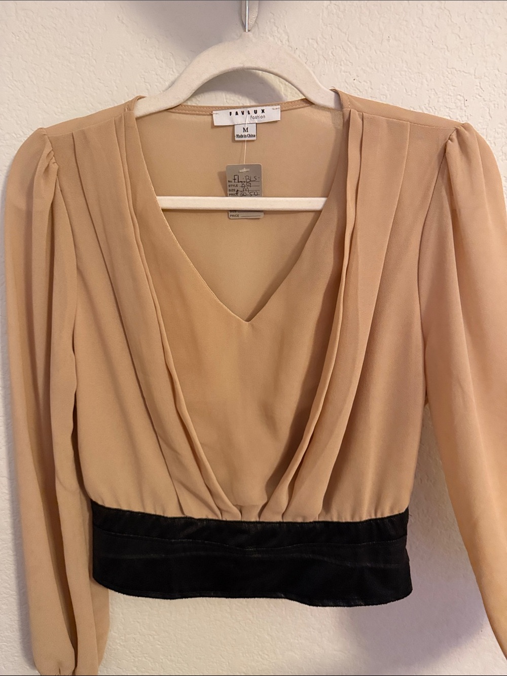 FAVLUX Beige V-Neck Draped Blouse with Black Waistband